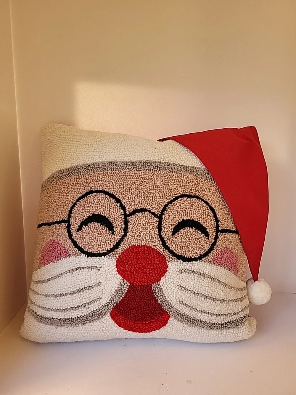Festive Santa Face Hooked Wool Pillow - 3D Red Hat 16x16